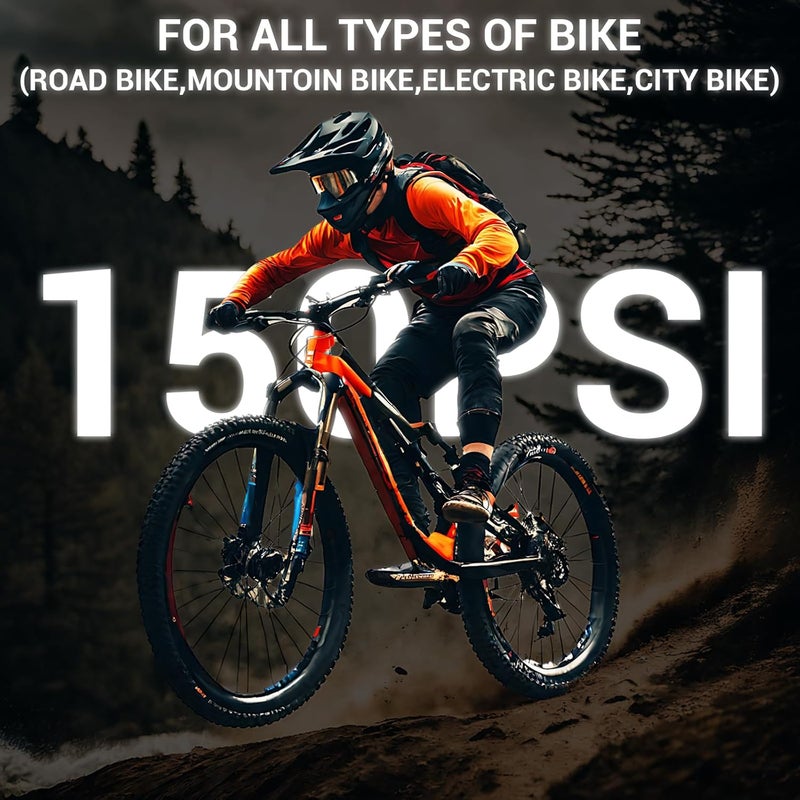 WINWEND Mini Bike Tire Pump,20s Fast Inflation 150PSI Electric Bicycle Pump with Pressure Gauge,Portable Tire Inflator Bike Air Pump with Presta and Schrader Valve for Balls,Motorcycle Road and Mountain Bike - Image 3